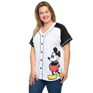 Women's Plus Size Disney Mickey Mouse Baseball Jersey 28 Shirt White Button Down